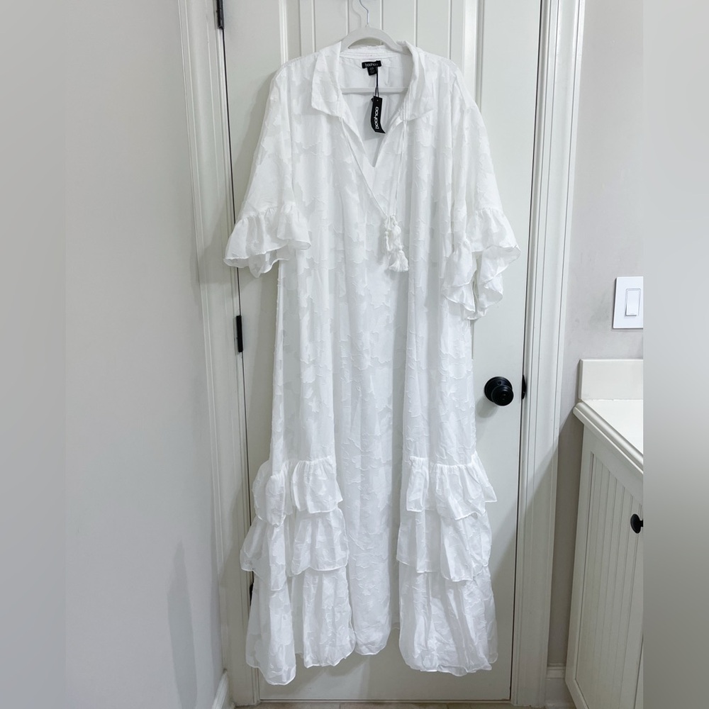 Boohoo White Textured Chiffon Ruffle Maxi Dress – Sz 6 US / UK 10 / EU 38 - NWT
